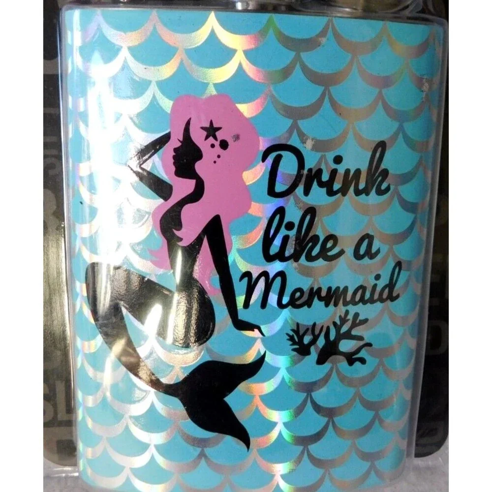 Drink Like a Mermaid 8 Oz Flask Blue Silver Scales Mermaid Pink Hair